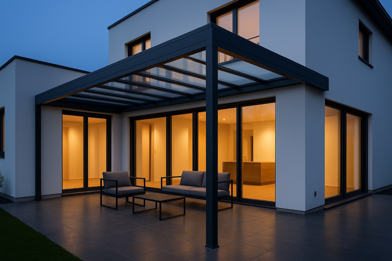 Terrassenüberdachung mit anthrazitfarbenen Aluminium-Profilen und Glasdach an einem modernen Haus zur blauen Stunde