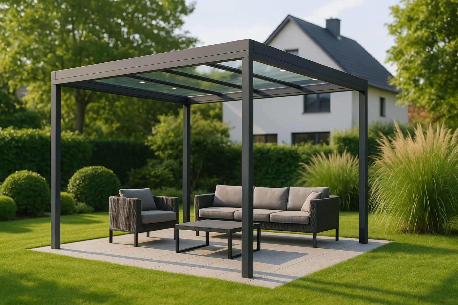 Freistehende Terrassenüberdachung aus anthrazitfarbenem Aluminium mit Glasdach mitten im Garten, mit Lounge-Möbeln auf Stein-Plattform