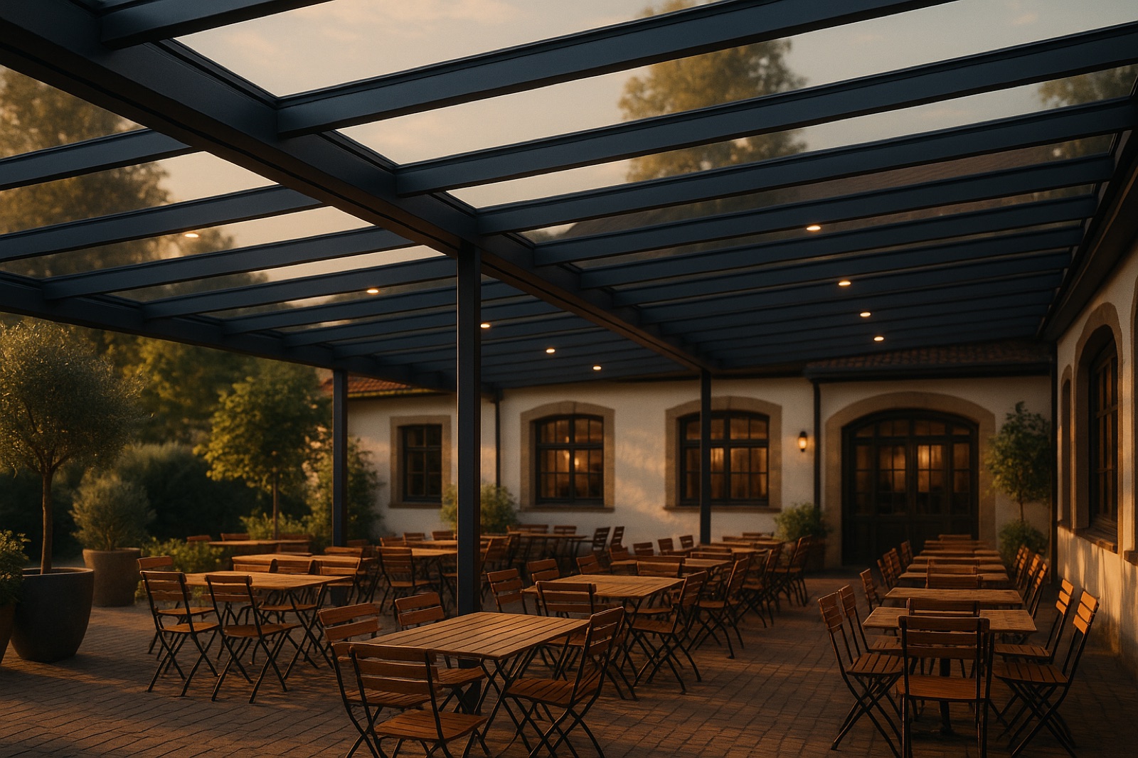 Große Terrassenüberdachung mit anthrazitfarbenen Aluminium-Profilen über einem Restaurant-Außenbereich mit zahlreichen Bistro-Tischen und Stühlen