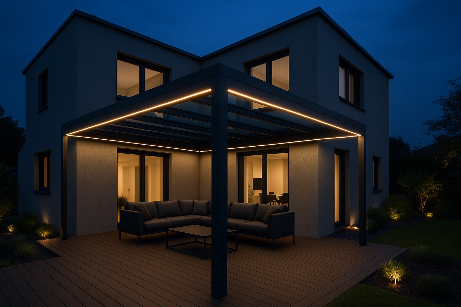 L-förmige Eckterrassenüberdachung mit integrierter LED-Beleuchtung am Abend, anthrazitfarbene Profile, modernes Haus