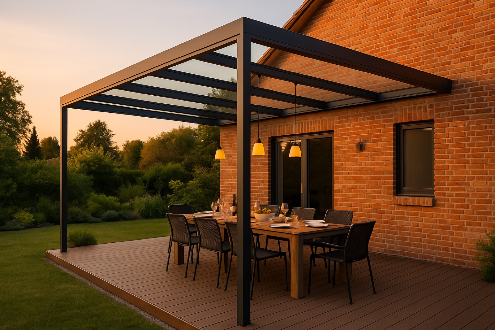 Offene Terrassenüberdachung mit anthrazitfarbenem Aluminiumrahmen und Glasdach an einem Klinker-Einfamilienhaus mit Esstisch