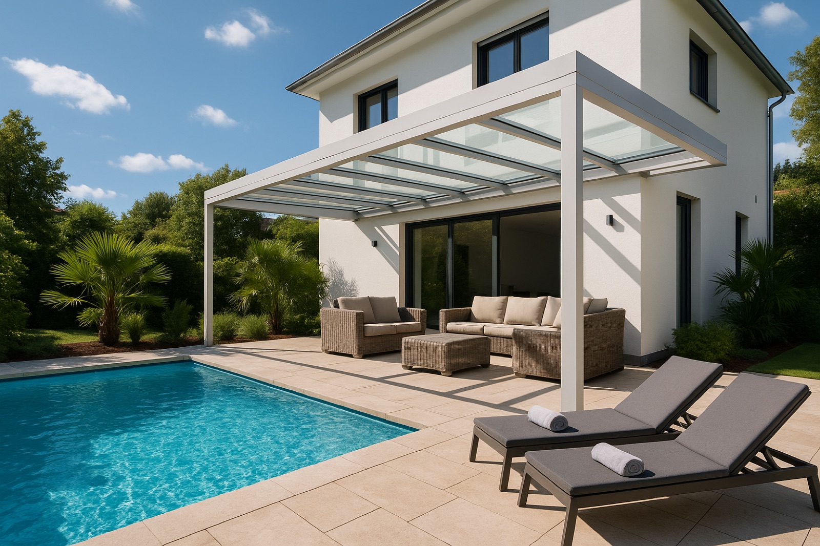 Weiße Aluminium-Terrassenüberdachung mit Glasdach neben einem Swimmingpool, Liegestühle und Lounge-Möbel an einem sonnigen Sommertag